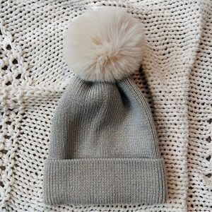 Natasha Tan & Silver Metallic Knit Fur Pom-Pom Beanie